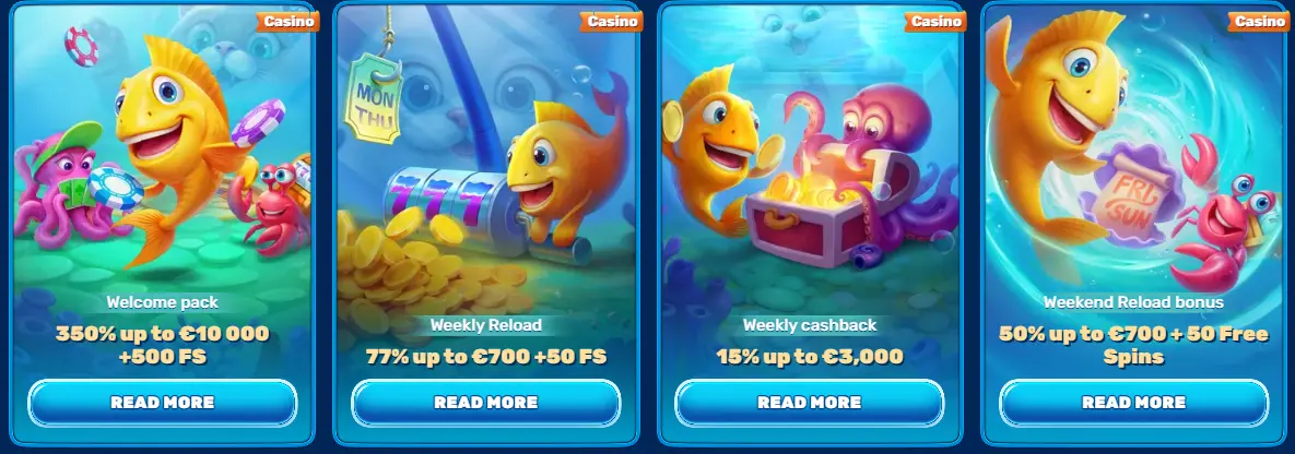 Spinfin Casino promotions — Welcome Pack 350% up to £10,000 + 500 FS, Weekly Reload, Weekly Cashback and Weekend Reload